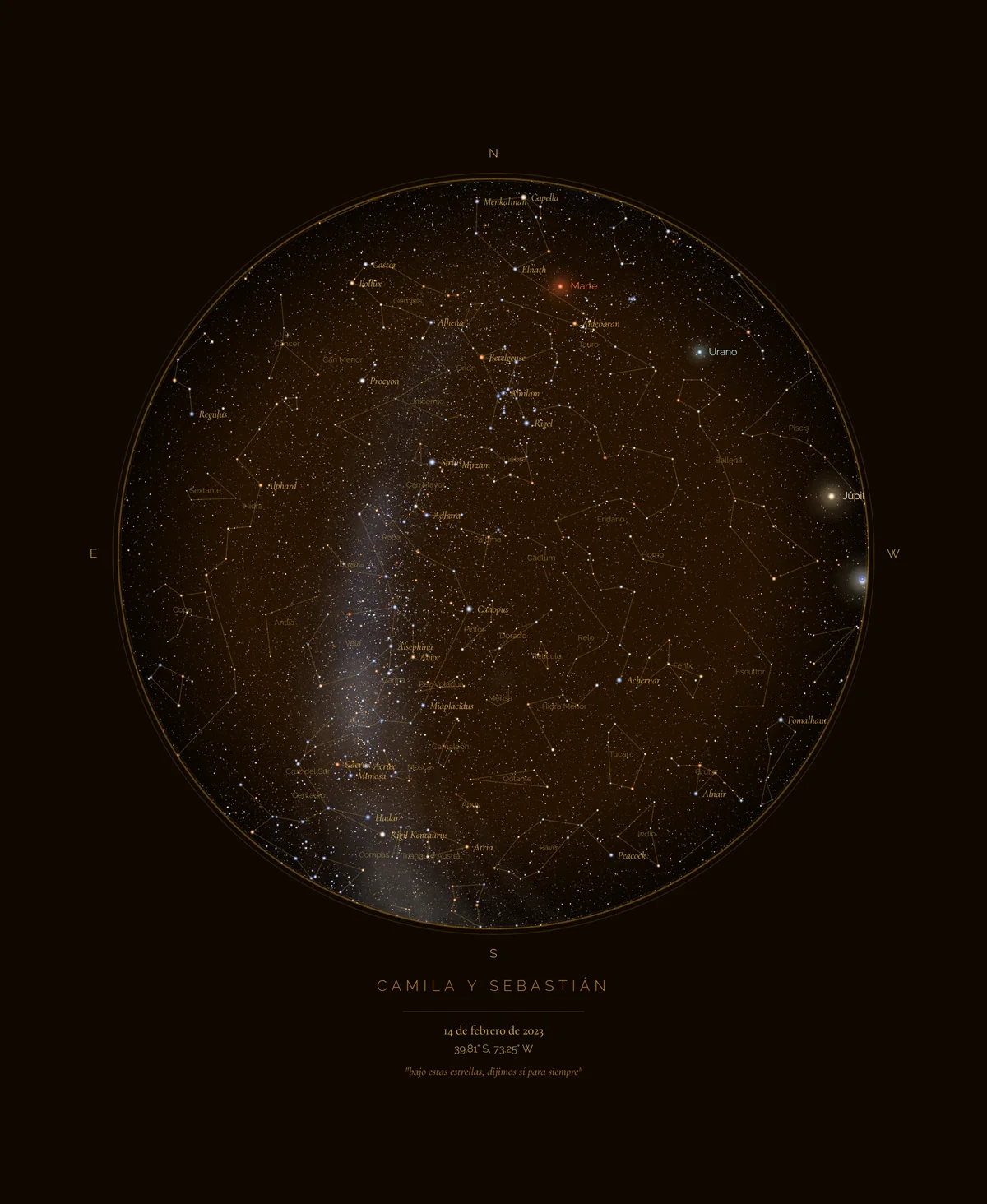 Mapa estelar personalizado del cielo en la noche de una boda